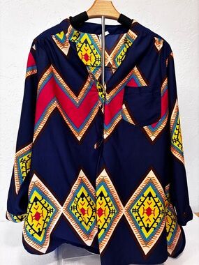 Trfht 1X Geometric Print Blouse Navy Pink Boho Tunic Top